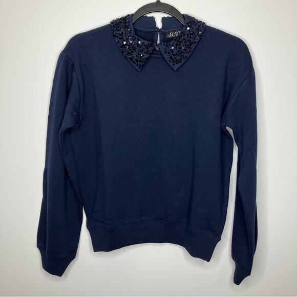 NWT J. CREW Crewneck Sweatshirt Crystal Embellished Collar Navy Blue XXS - Picture 2 of 6